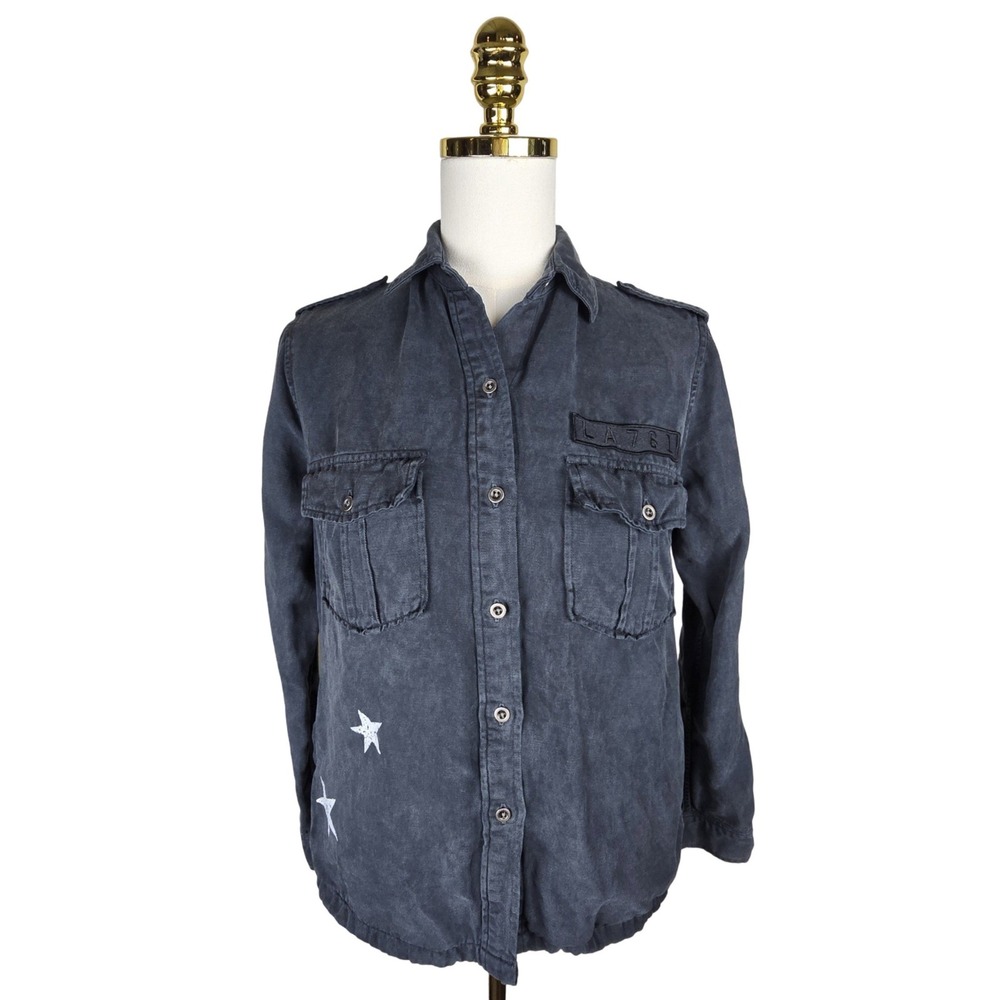 Rails Kato Military Shirt Womens XS Charcoal Star Print Utility Tencel Linen
